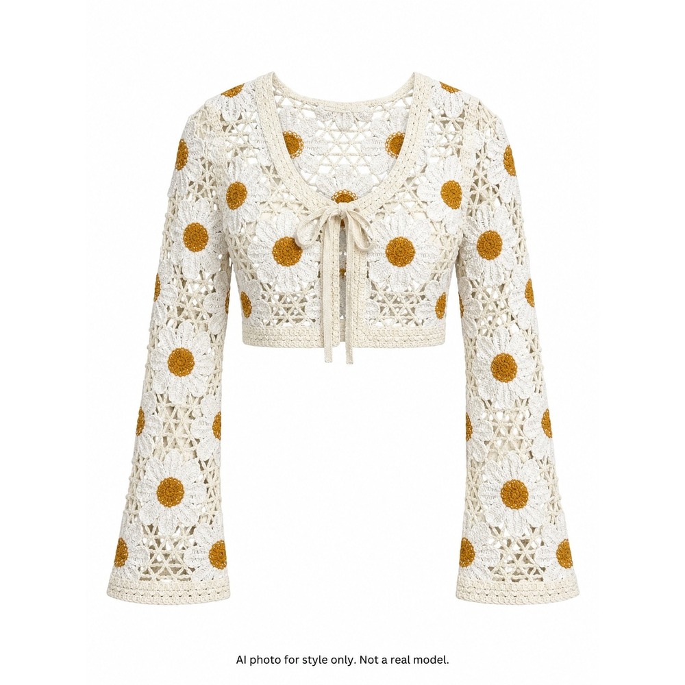 Moon & Madison Womens Crochet Daisy Cardigan XS White Brown Cotton Bell Sleeve